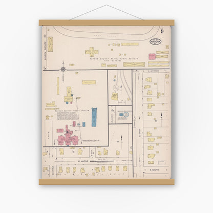 Old map wall art mockup — magnetic wood frame on white wall — Sanborn Fire Insurance Map from Viroqua, Vernon County, Wisconsin (1922), Sheet #0009