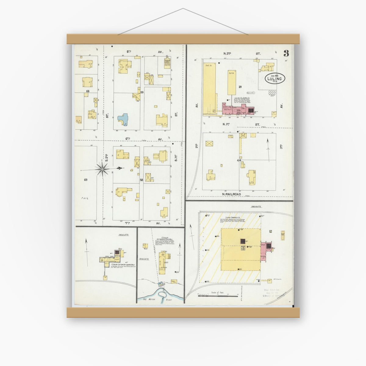 Old map wall art mockup — magnetic wood frame on white wall — Sanborn Fire Insurance Map from Luling, Caldwell County, Texas (1902), Sheet #0003