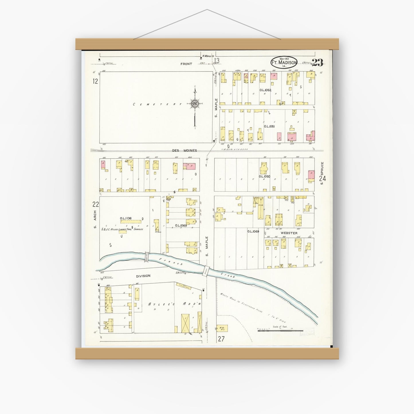 Old map wall art mockup — magnetic wood frame on white wall — Sanborn Fire Insurance Map from Fort Madison, Lee County, Iowa (1913), Sheet #0023