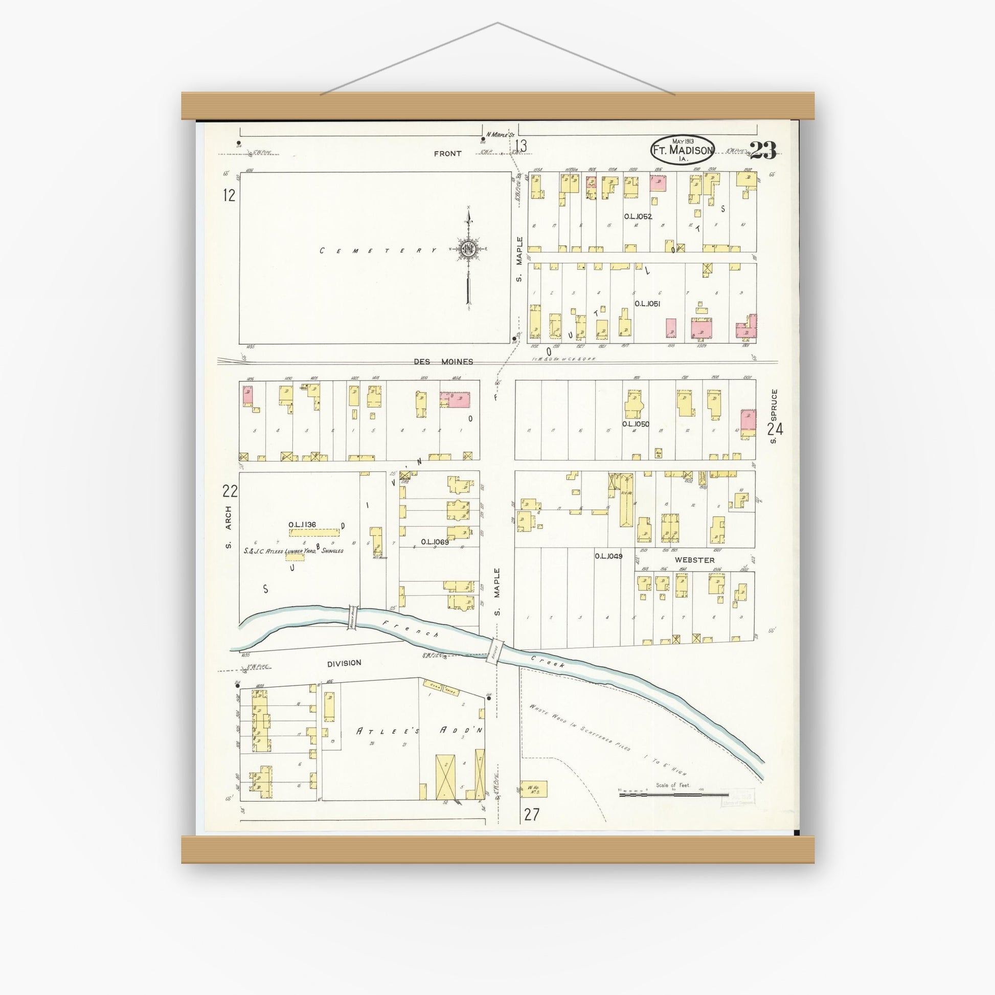 Old map wall art mockup — magnetic wood frame on white wall — Sanborn Fire Insurance Map from Fort Madison, Lee County, Iowa (1913), Sheet #0023