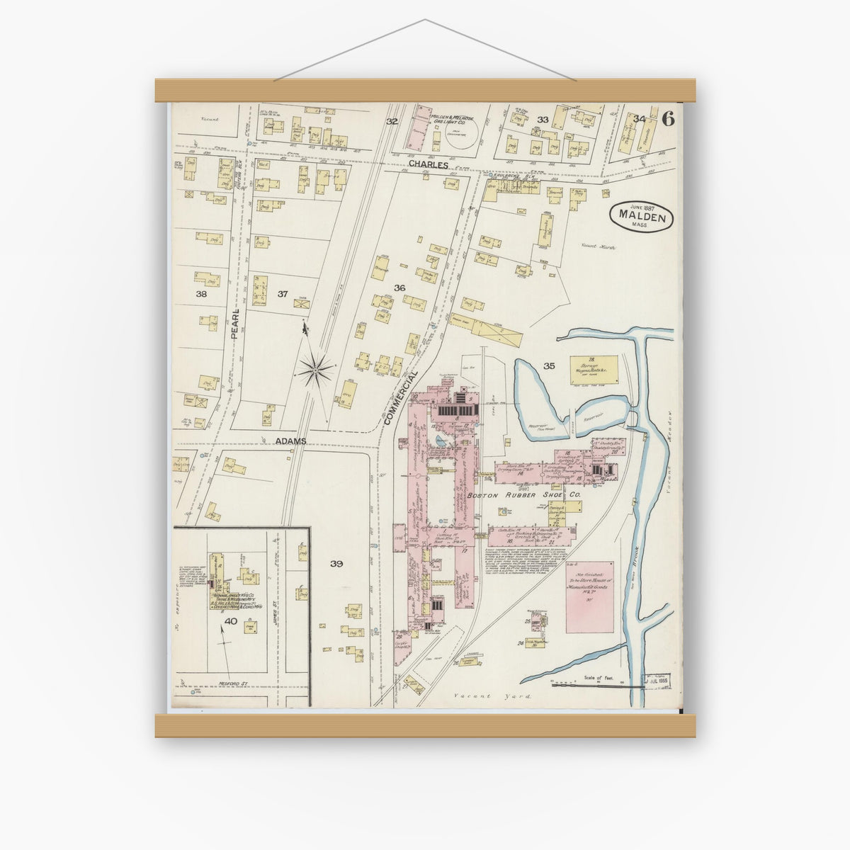 Old map wall art mockup — magnetic wood frame on white wall — Sanborn Fire Insurance Map from Malden, Middlesex County, Massachusetts (1887), Sheet #0006