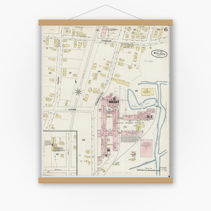 Old map wall art mockup — magnetic wood frame on white wall — Sanborn Fire Insurance Map from Malden, Middlesex County, Massachusetts (1887), Sheet #0006