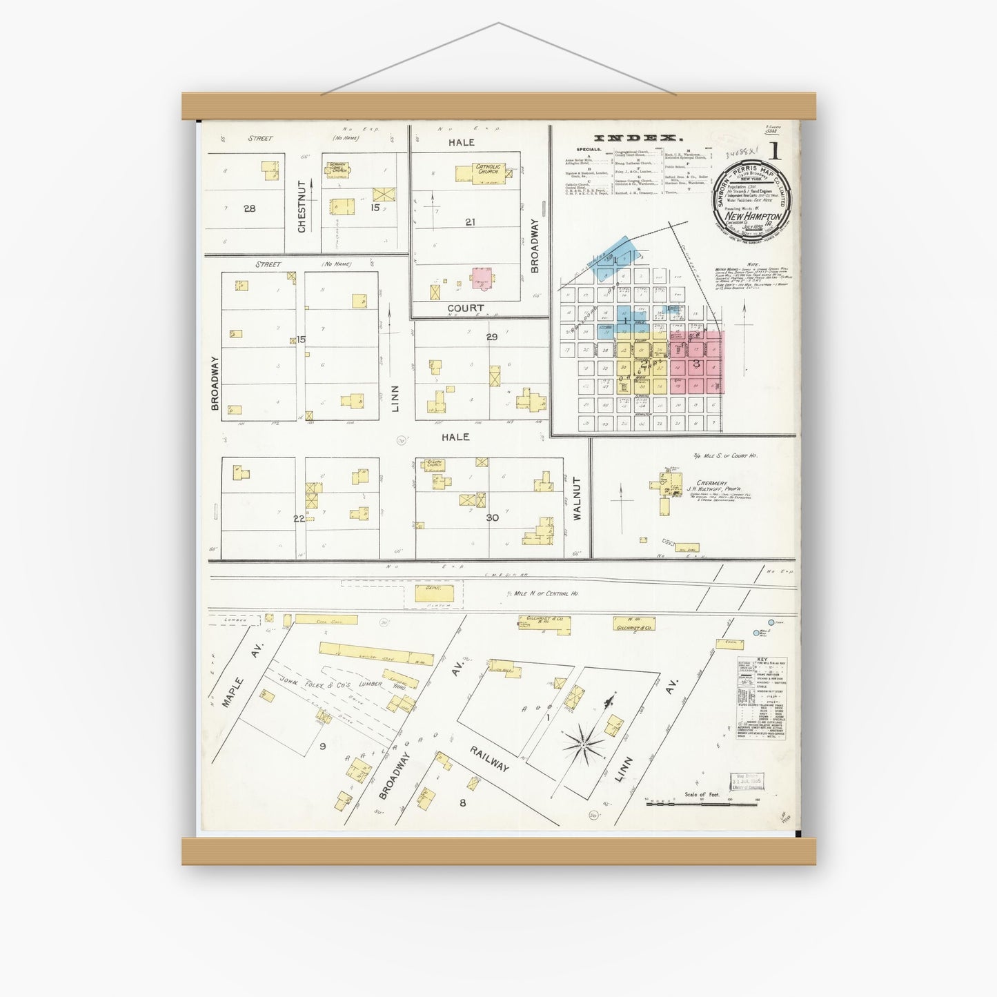 Old map wall art mockup — magnetic wood frame on white wall — Sanborn Fire Insurance Map from New Hampton, Chickasaw County, Iowa (1892) â€” Complete Set