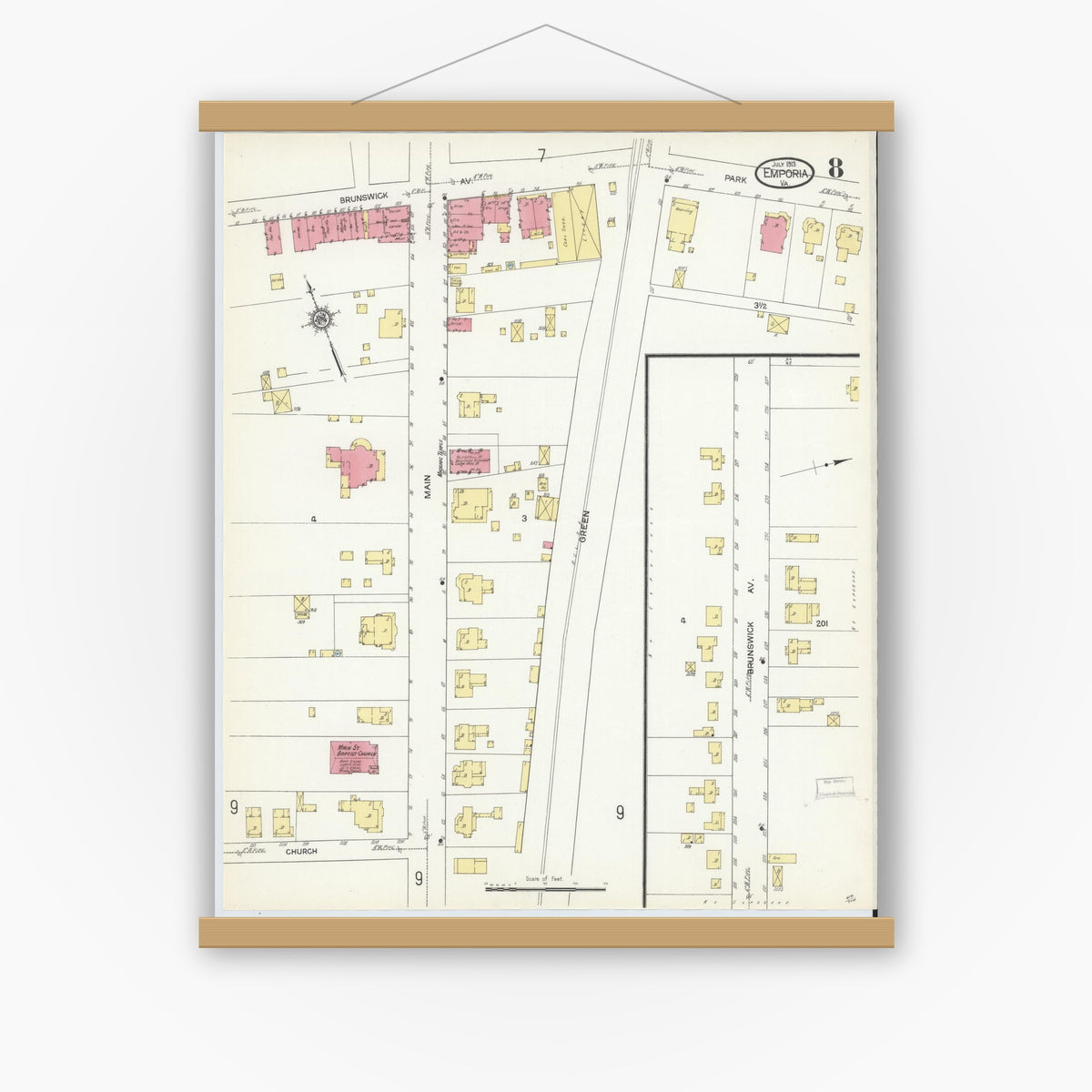 Old map wall art mockup — magnetic wood frame on white wall — Sanborn Fire Insurance Map from Emporia, Independent Cities, Virginia (1913), Sheet #0008
