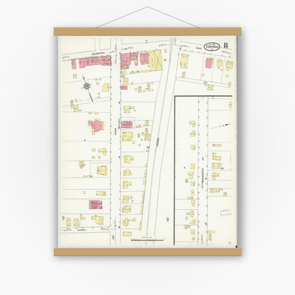 Old map wall art mockup — magnetic wood frame on white wall — Sanborn Fire Insurance Map from Emporia, Independent Cities, Virginia (1913), Sheet #0008