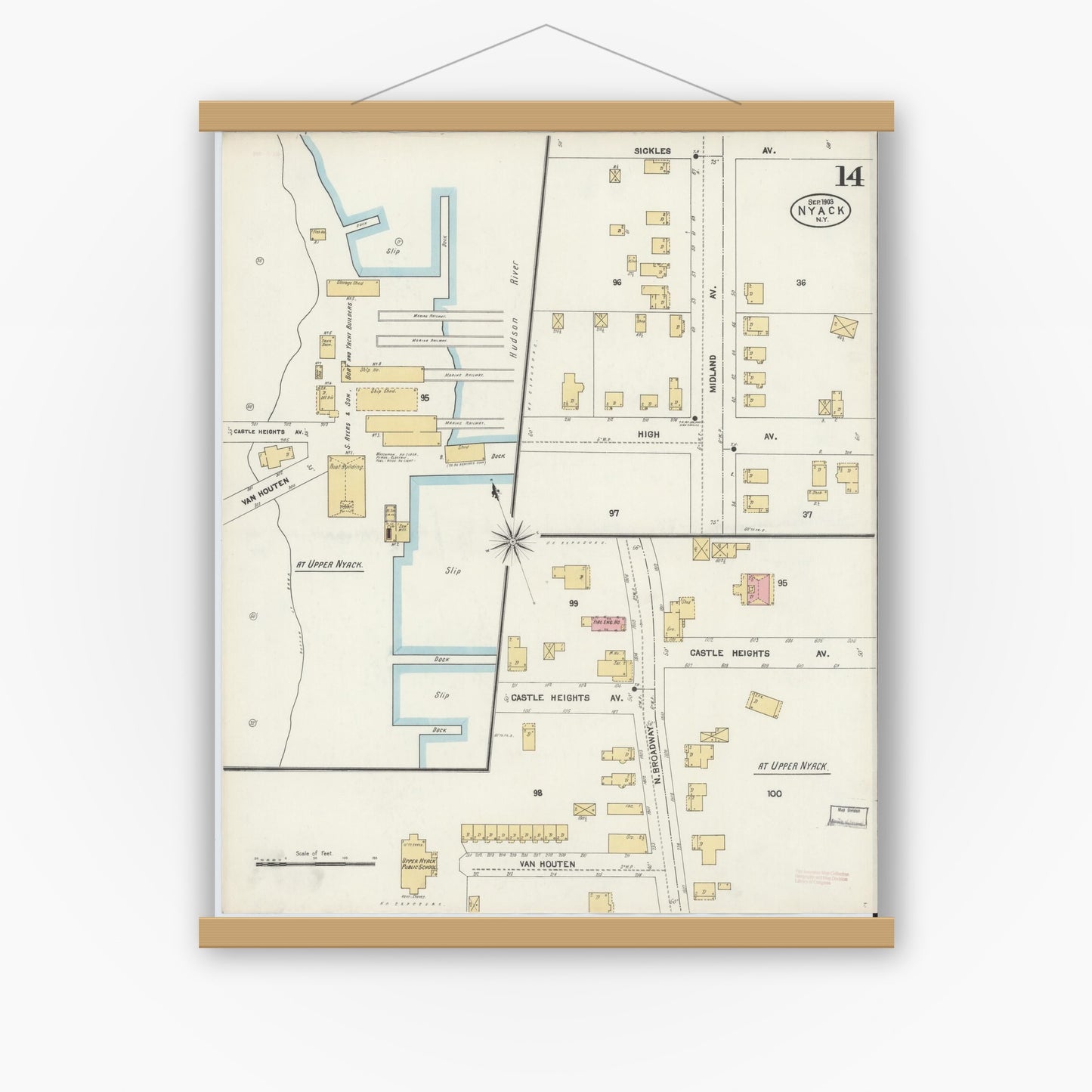 Old map wall art mockup — magnetic wood frame on white wall — Sanborn Fire Insurance Map from Nyack, Rockland County, New York. (1903), Sheet #0014