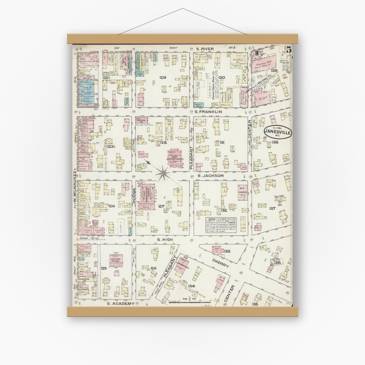 Old map wall art mockup — magnetic wood frame on white wall — Sanborn Fire Insurance Map from Janesville, Rock County, Wisconsin (1884), Sheet #0005