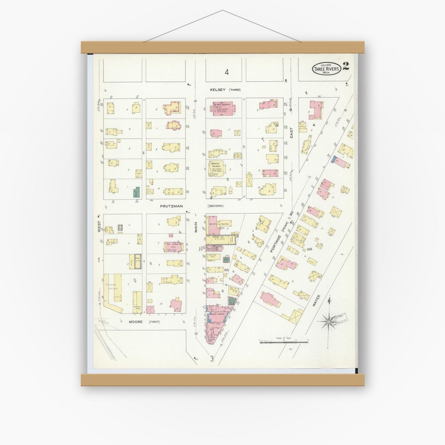 Old map wall art mockup — magnetic wood frame on white wall — Sanborn Fire Insurance Map from Three Rivers, Saint Joseph County, Michigan (1909), Sheet #0002