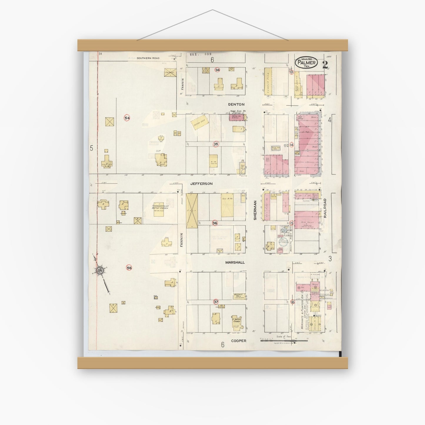 Old map wall art mockup — magnetic wood frame on white wall — Sanborn Fire Insurance Map from Palmer, Ellis County, Texas (1936), Sheet #0002