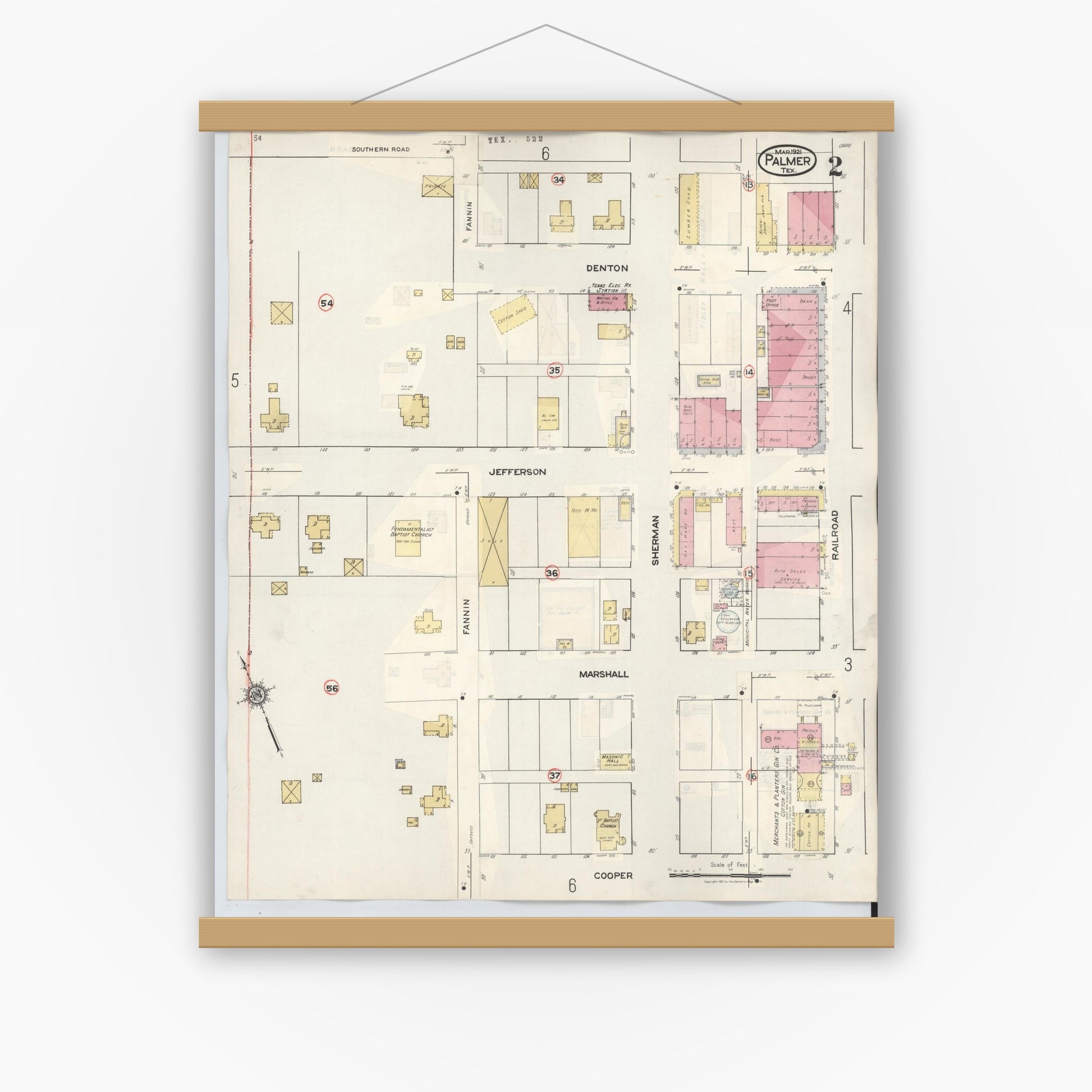 Old map wall art mockup — magnetic wood frame on white wall — Sanborn Fire Insurance Map from Palmer, Ellis County, Texas (1936), Sheet #0002