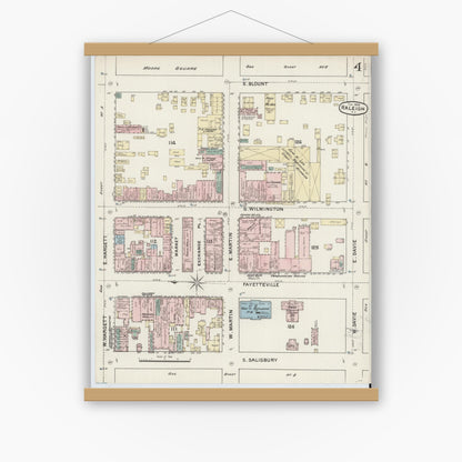 Old map wall art mockup — magnetic wood frame on white wall — Sanborn Fire Insurance Map from Raleigh, Wake County, North Carolina (1888), Sheet #0004