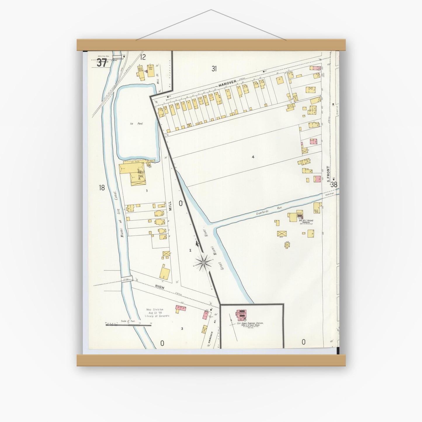 Old map wall art mockup — magnetic wood frame on white wall — Sanborn Fire Insurance Map from Hamilton, Butler County, Ohio (1899), Sheet #0037