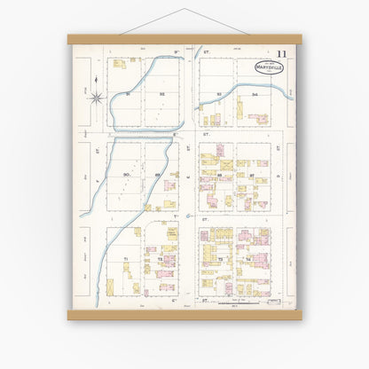 Old map wall art mockup — magnetic wood frame on white wall — Sanborn Fire Insurance Map from Marysville, Yuba County, California (1890), Sheet #0011