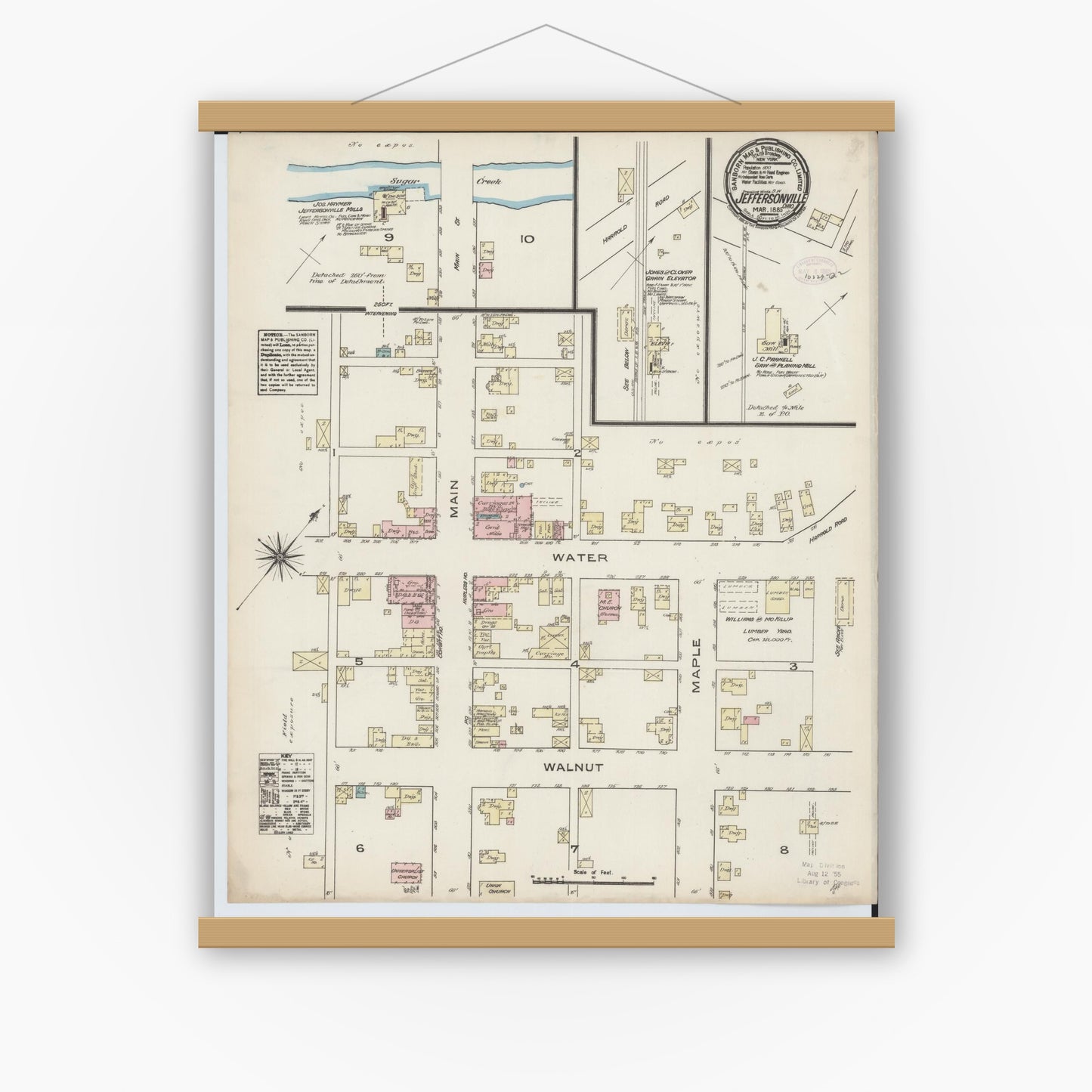 Old map wall art mockup — magnetic wood frame on white wall — Sanborn Fire Insurance Map from Jeffersonville, Fayette County, Ohio (1885), Sheet #0001