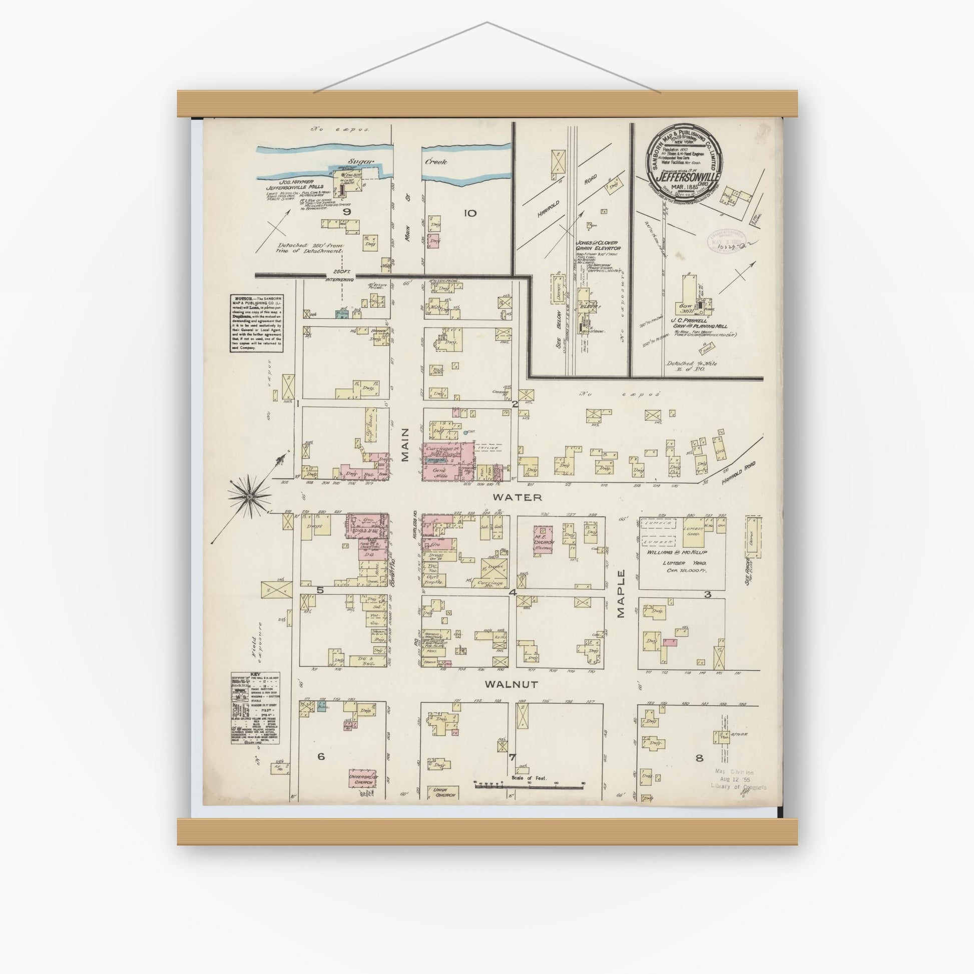 Old map wall art mockup — magnetic wood frame on white wall — Sanborn Fire Insurance Map from Jeffersonville, Fayette County, Ohio (1885), Sheet #0001