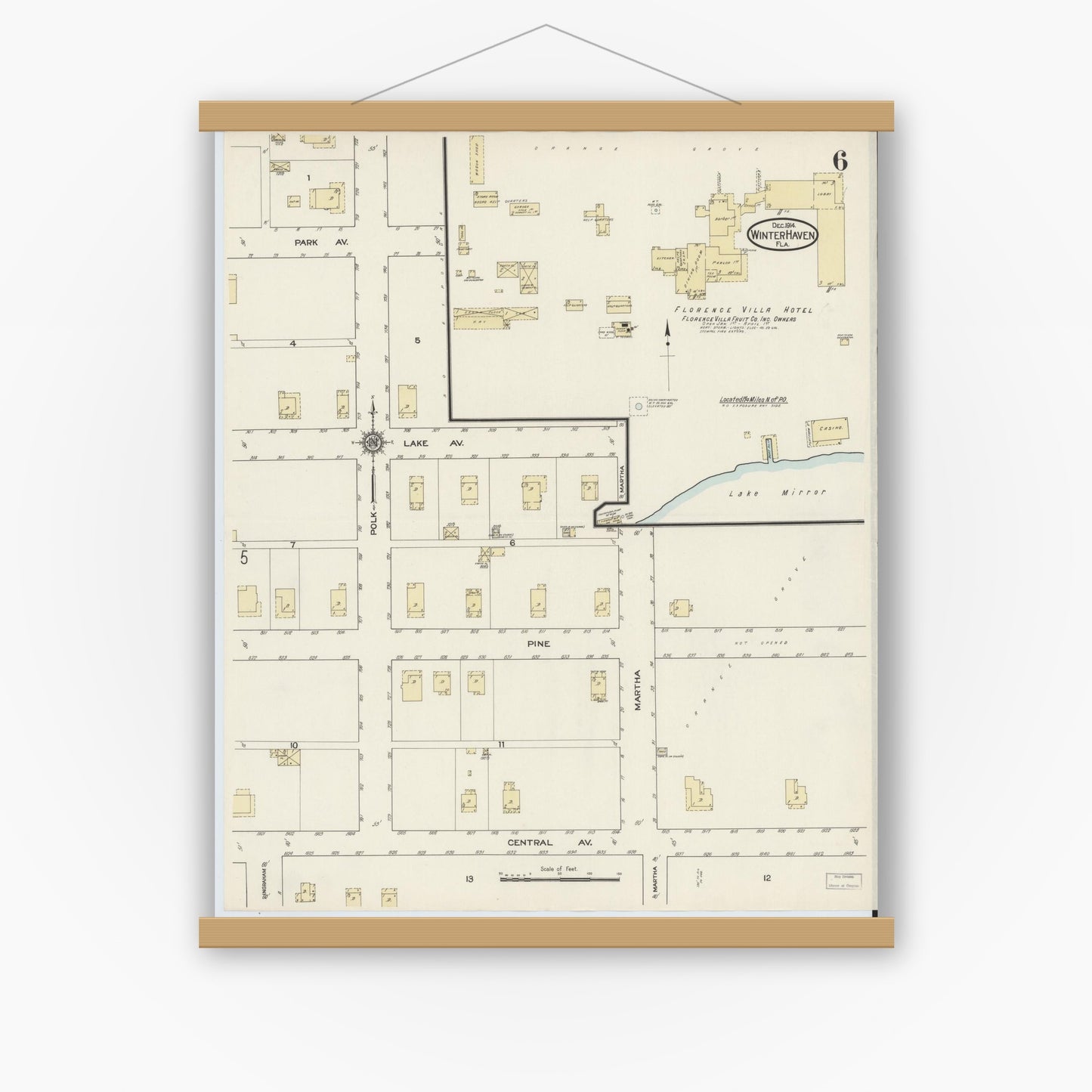 Old map wall art mockup — magnetic wood frame on white wall — Sanborn Fire Insurance Map from Winter Haven, Polk County, Florida (1914), Sheet #0006
