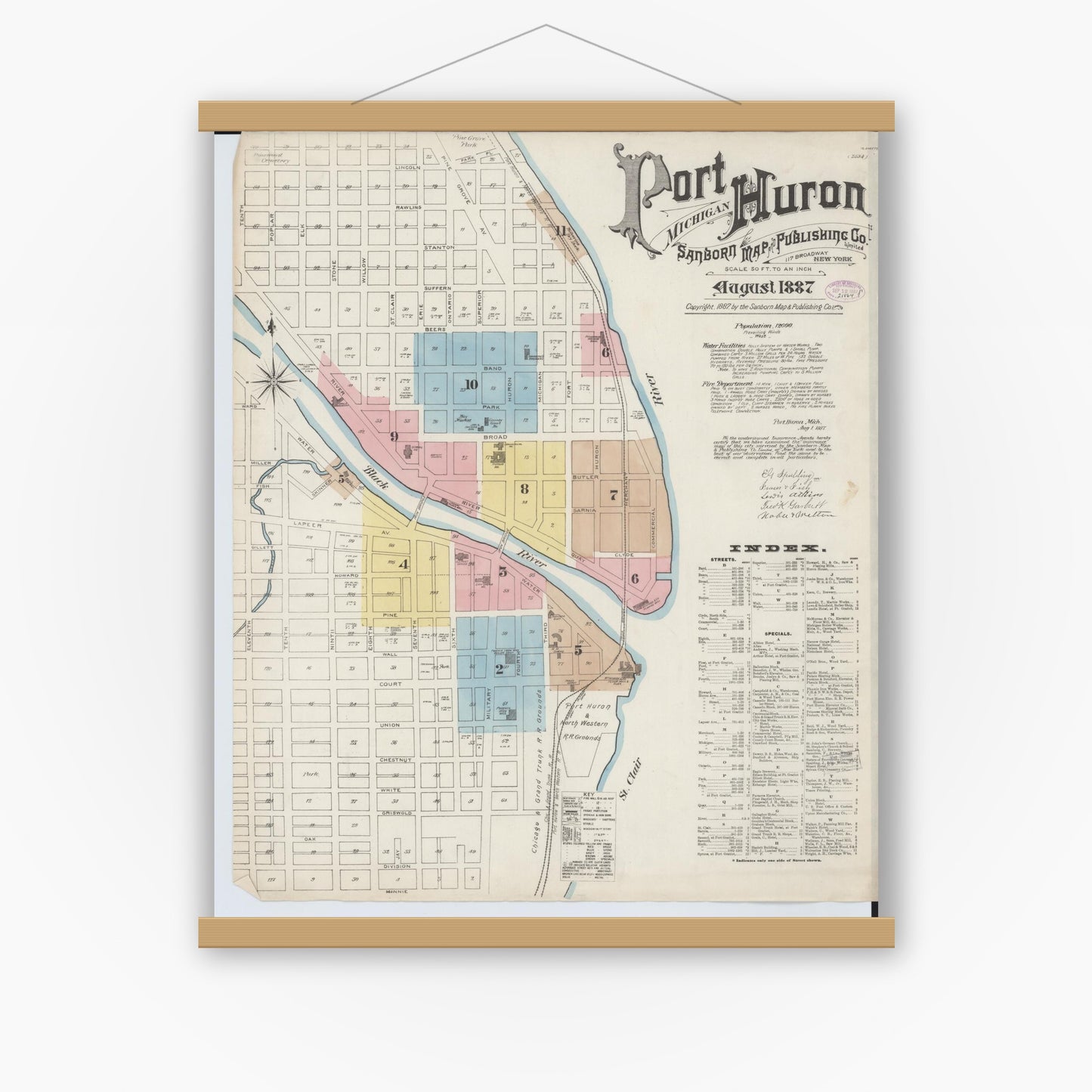 Old map wall art mockup — magnetic wood frame on white wall — Sanborn Fire Insurance Map from Port Huron, Saint Clair County, Michigan (1887) - Complete Map Set