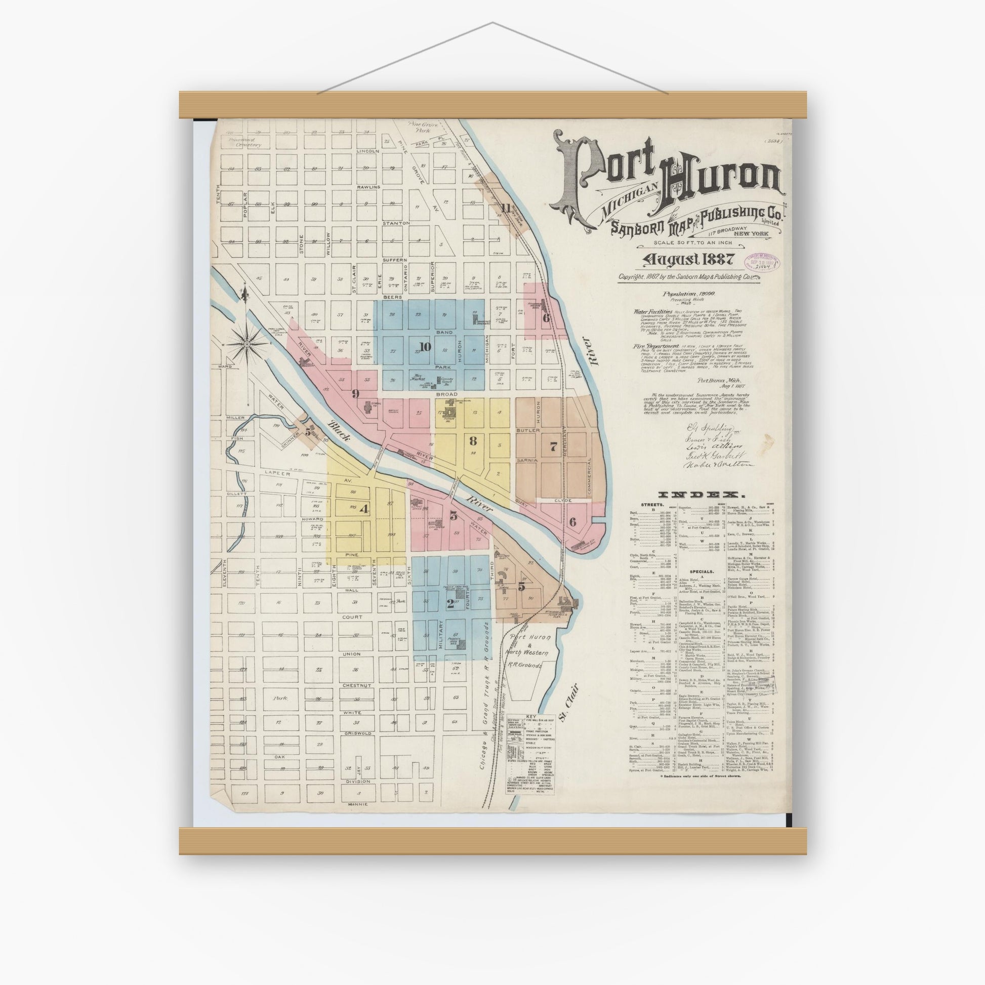 Old map wall art mockup — magnetic wood frame on white wall — Sanborn Fire Insurance Map from Port Huron, Saint Clair County, Michigan (1887) - Complete Map Set