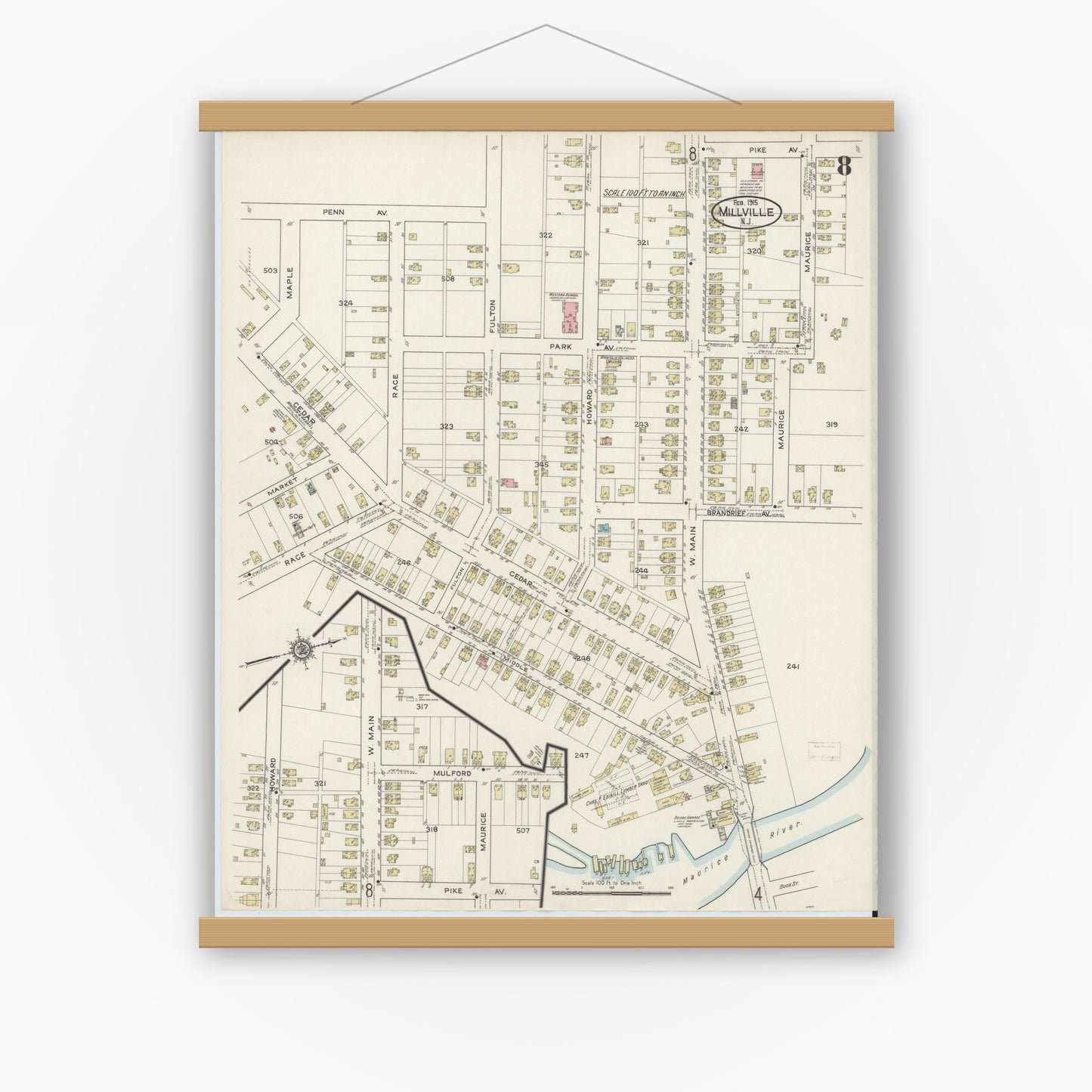 Old map wall art mockup — magnetic wood frame on white wall — Sanborn Fire Insurance Map from Millville, Cumberland County, New Jersey (1915), Sheet #0008
