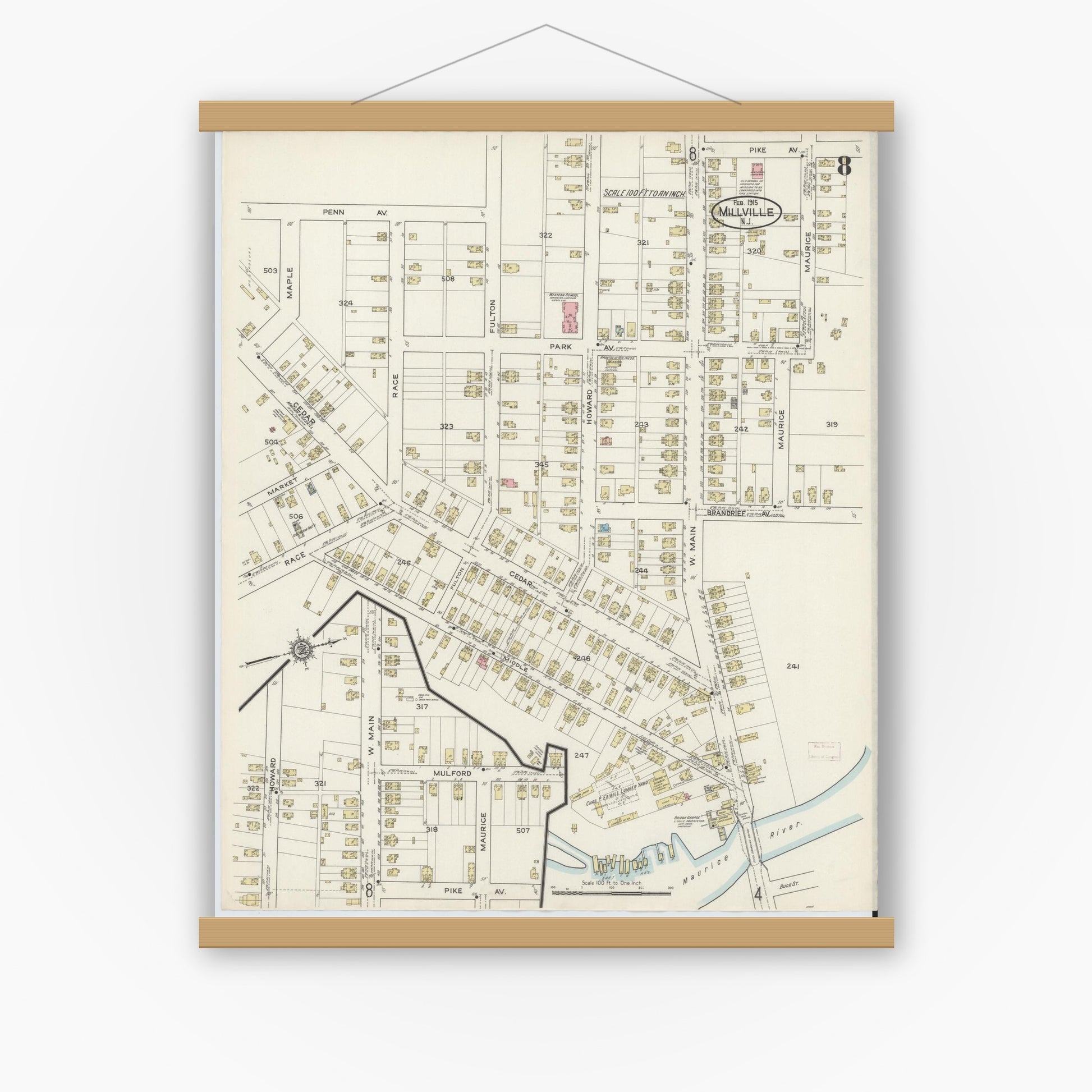 Old map wall art mockup — magnetic wood frame on white wall — Sanborn Fire Insurance Map from Millville, Cumberland County, New Jersey (1915), Sheet #0008