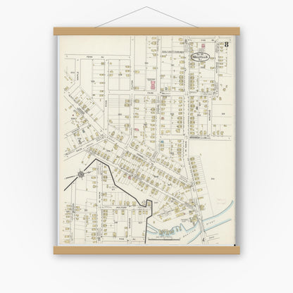Old map wall art mockup — magnetic wood frame on white wall — Sanborn Fire Insurance Map from Millville, Cumberland County, New Jersey (1915), Sheet #0008