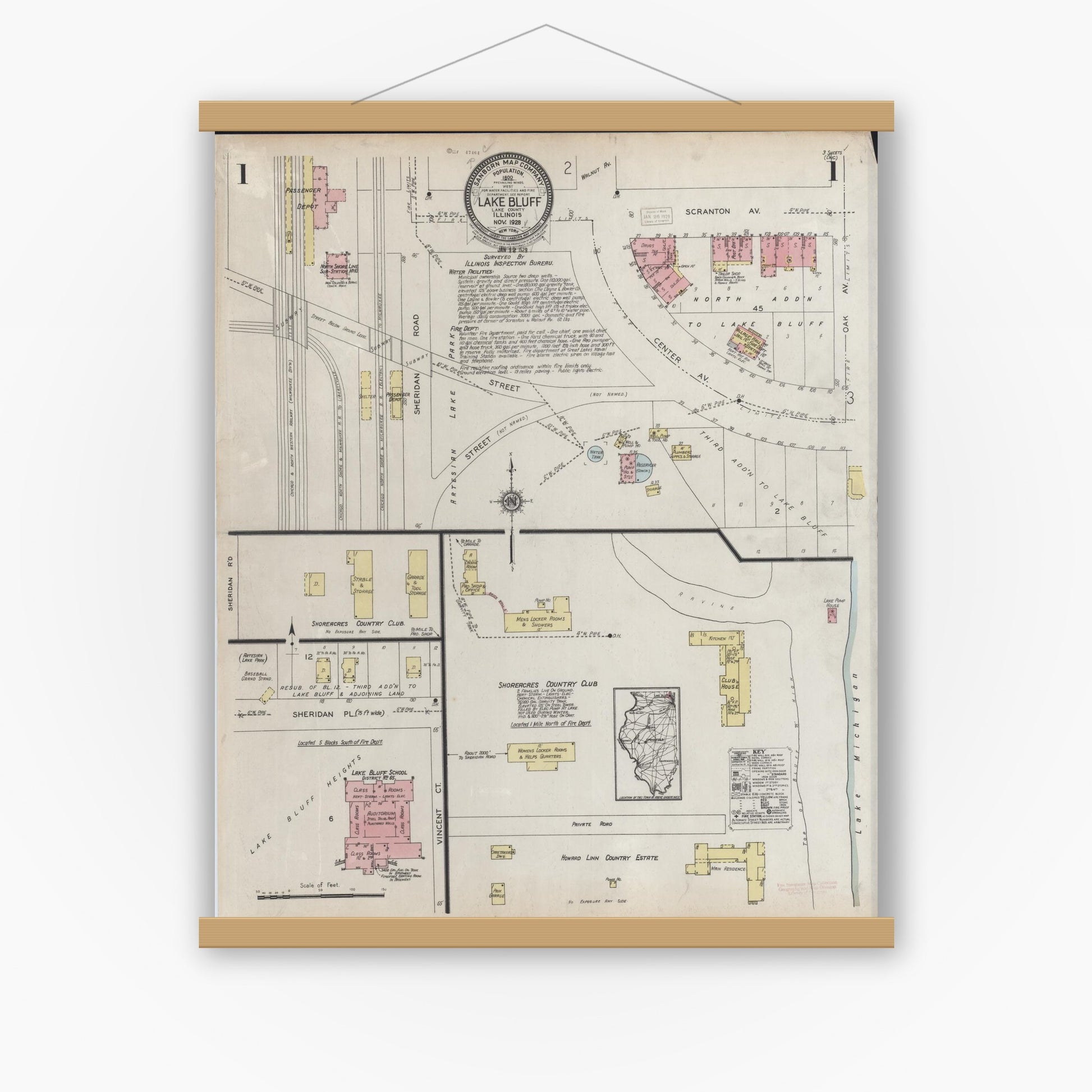 Old map wall art mockup — magnetic wood frame on white wall — Sanborn Fire Insurance Map from Lake Bluff, Lake County, Illinois (1928), Sheet #0001