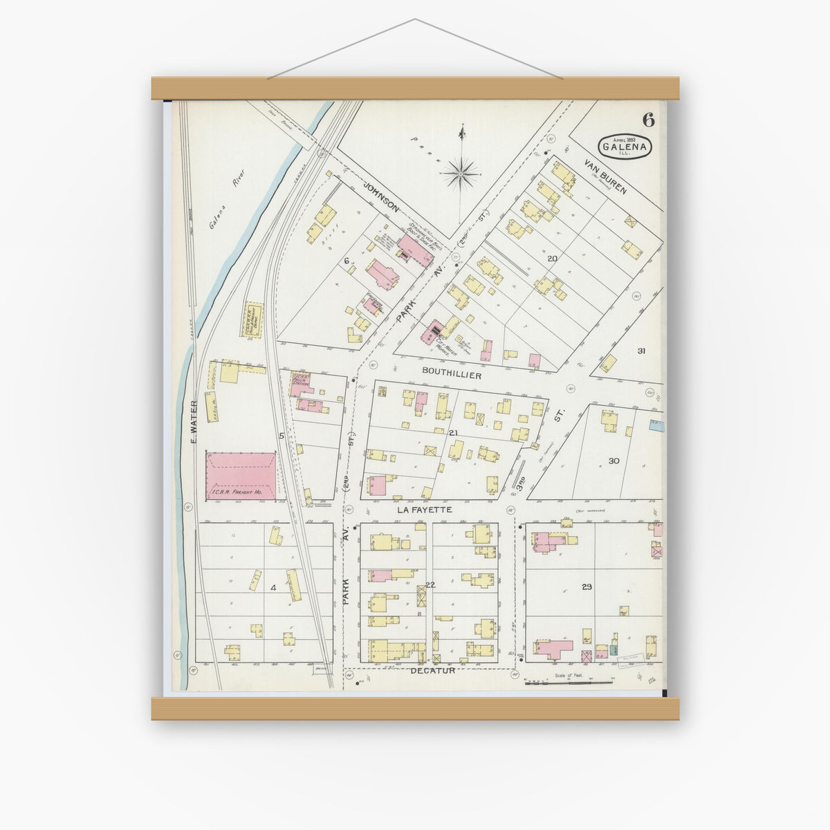 Old map wall art mockup — magnetic wood frame on white wall — Sanborn Fire Insurance Map from Galena, Jo Daviess County, Illinois (1893), Sheet #0006