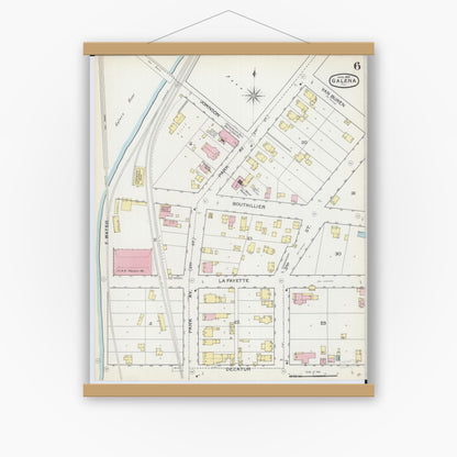 Old map wall art mockup — magnetic wood frame on white wall — Sanborn Fire Insurance Map from Galena, Jo Daviess County, Illinois (1893), Sheet #0006