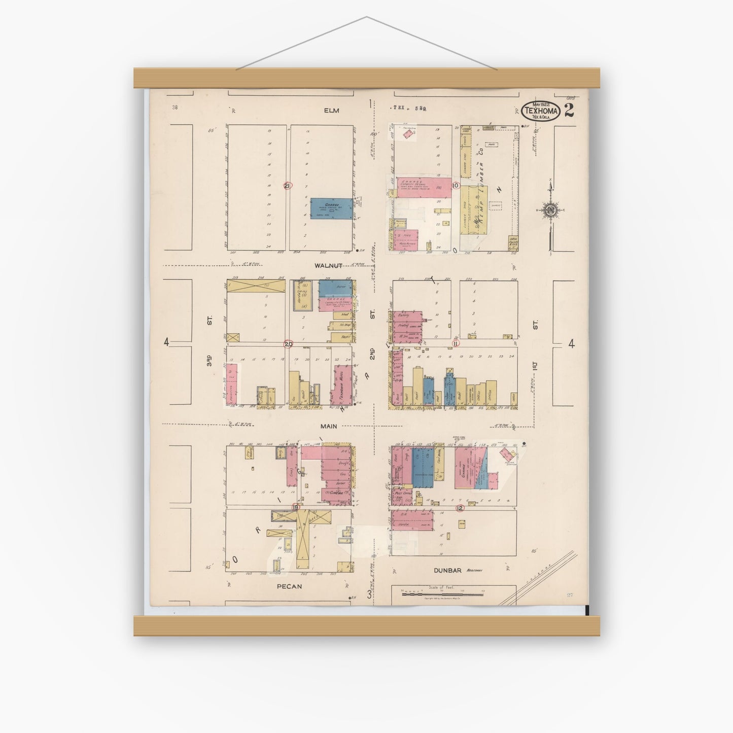 Old map wall art mockup — magnetic wood frame on white wall — Sanborn Fire Insurance Map from Texhoma, Texas County, Oklahoma and Sherman County, Texas, Texas (1930), Sheet #0002