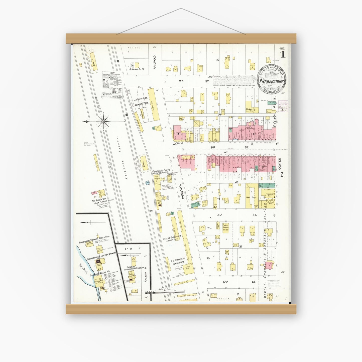 Old map wall art mockup — magnetic wood frame on white wall — Sanborn Fire Insurance Map from Parkersburg, Butler County, Iowa (1902), Sheet #0001