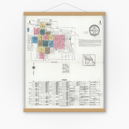 Old map wall art mockup — magnetic wood frame on white wall — Sanborn Fire Insurance Map from Maryville, Nodaway County, Missouri (1925) - Complete Map Set