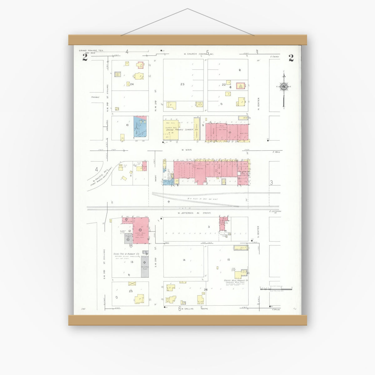 Old map wall art mockup — magnetic wood frame on white wall — Sanborn Fire Insurance Map from Grand Prairie, Dallas County, Texas (1943), Sheet #0002
