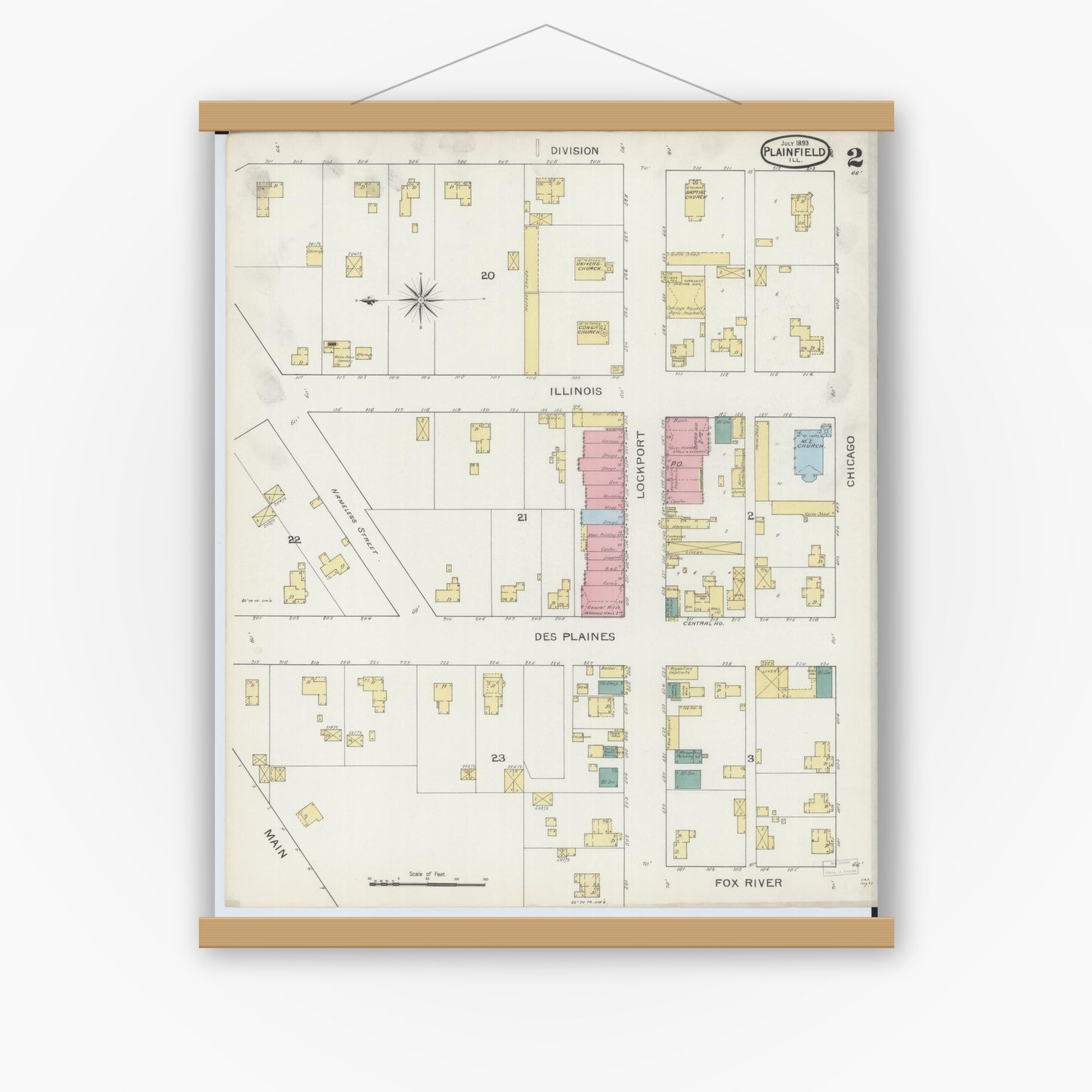 Old map wall art mockup — magnetic wood frame on white wall — Sanborn Fire Insurance Map from Plainfield, Will County, Illinois (1893), Sheet #0002
