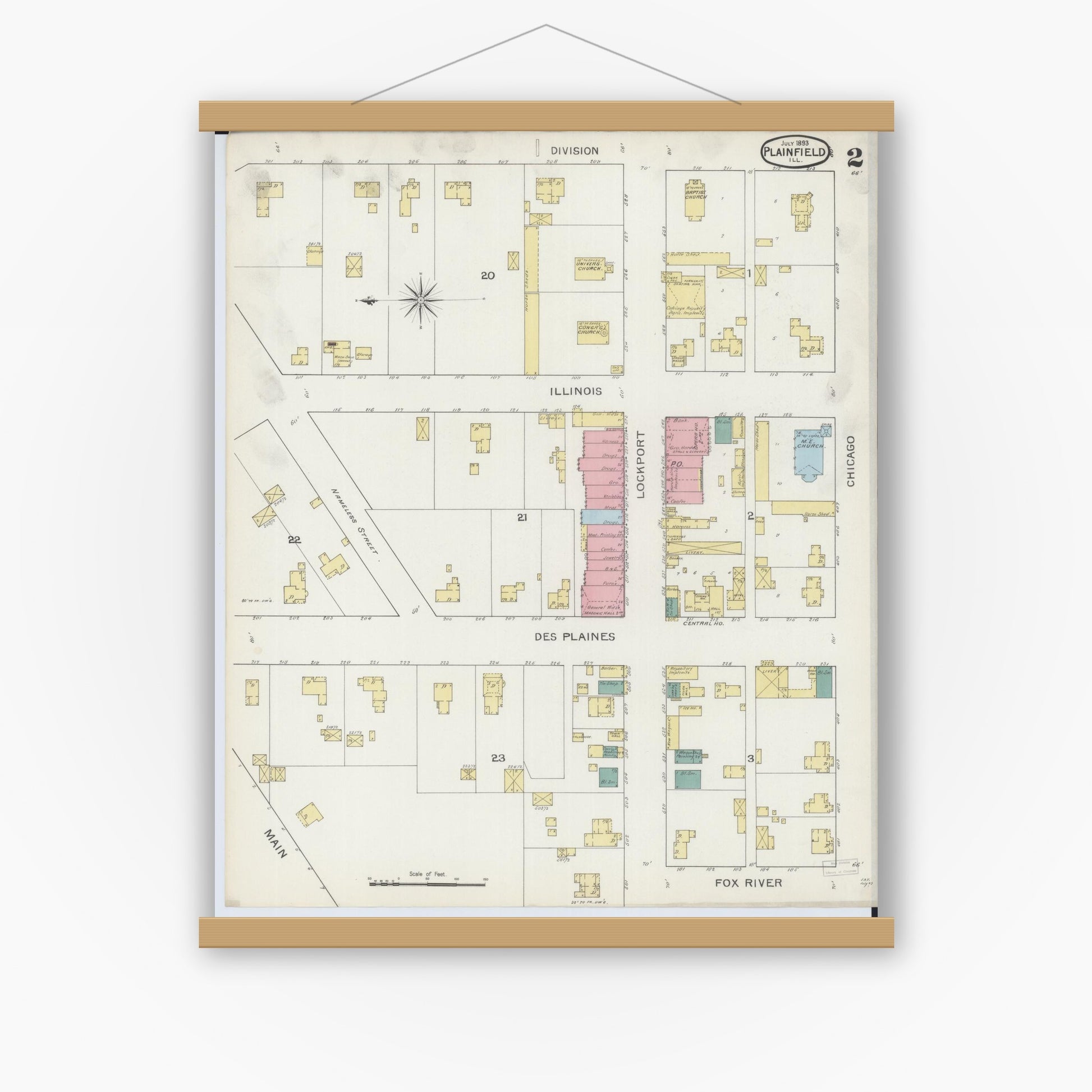Old map wall art mockup — magnetic wood frame on white wall — Sanborn Fire Insurance Map from Plainfield, Will County, Illinois (1893), Sheet #0002