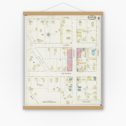Old map wall art mockup — magnetic wood frame on white wall — Sanborn Fire Insurance Map from Plainfield, Will County, Illinois (1893), Sheet #0002