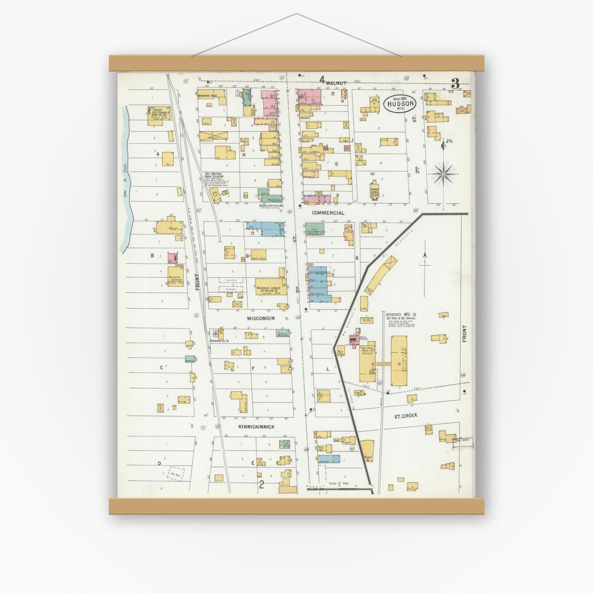 Old map wall art mockup — magnetic wood frame on white wall — Sanborn Fire Insurance Map from Hudson, St. Croix County, Wisconsin (1900), Sheet #0003