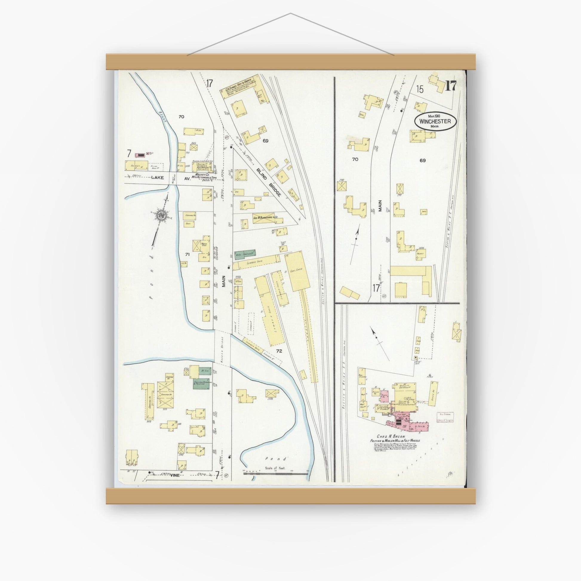 Old map wall art mockup — magnetic wood frame on white wall — Sanborn Fire Insurance Map from Winchester, Middlesex County, Massachusetts (1910), Sheet #0017