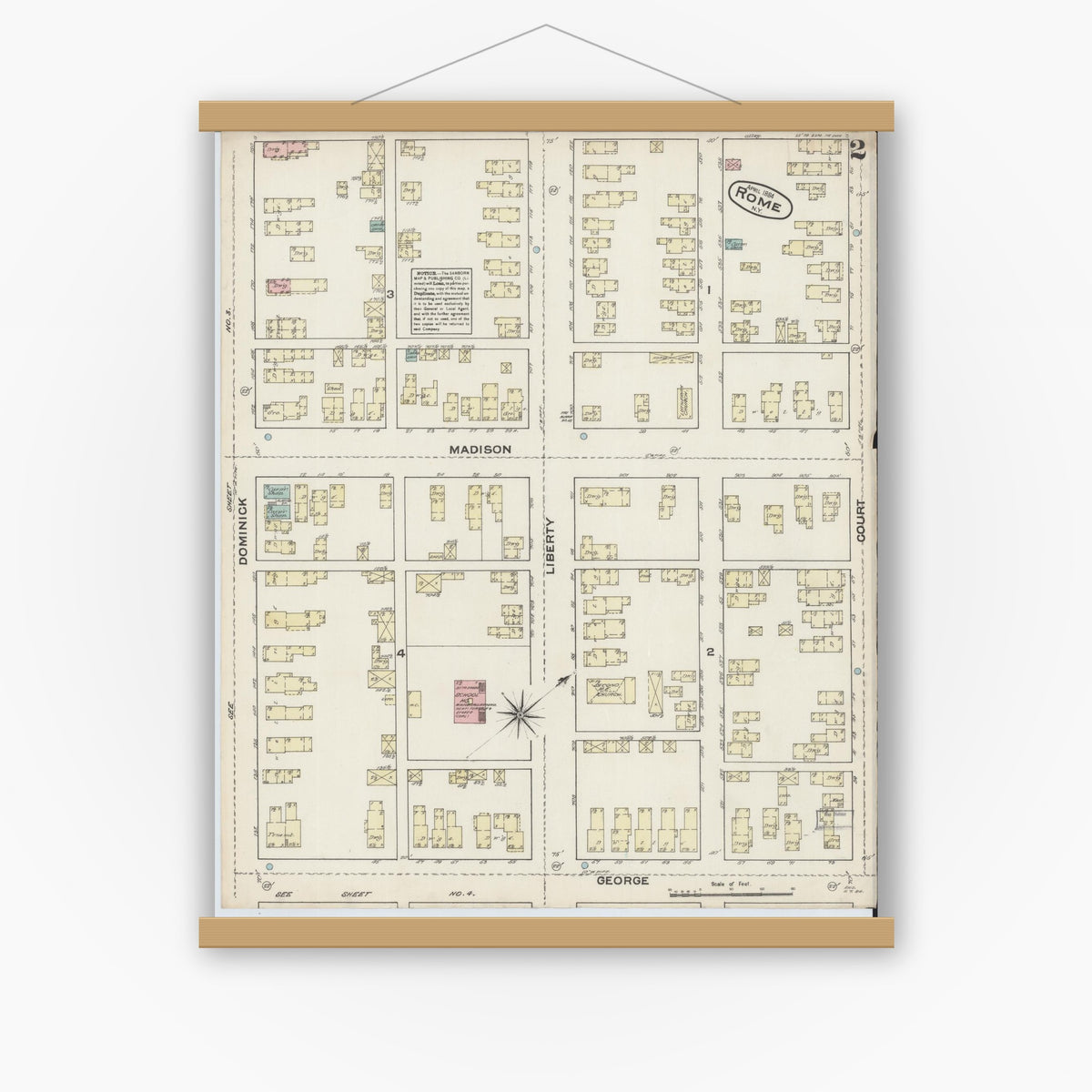 Old map wall art mockup — magnetic wood frame on white wall — Sanborn Fire Insurance Map from Rome, Oneida County, New York (1884), Sheet #0002