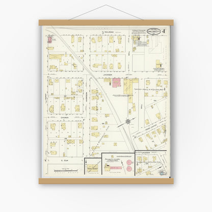Old map wall art mockup — magnetic wood frame on white wall — Sanborn Fire Insurance Map from Oakland City, Gibson County, Indiana (1913), Sheet #0004