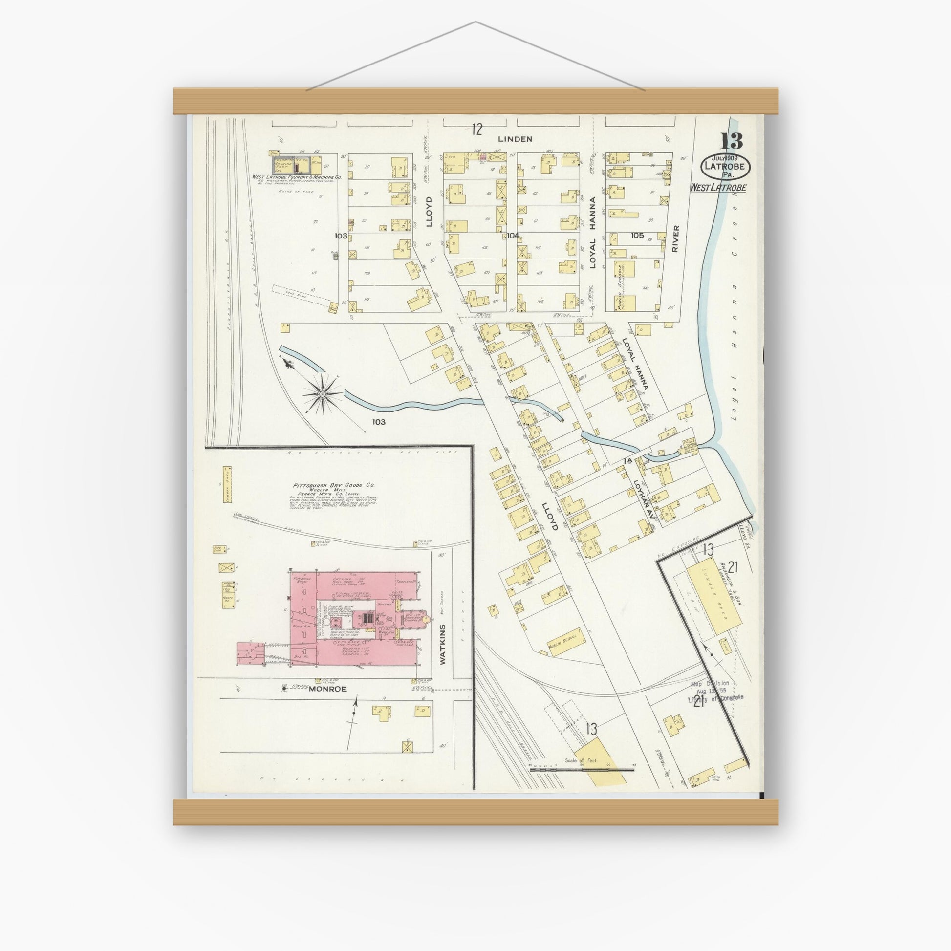 Old map wall art mockup — magnetic wood frame on white wall — Sanborn Fire Insurance Map from Latrobe, Westmoreland County, Pennsylvania (1909), Sheet #0013