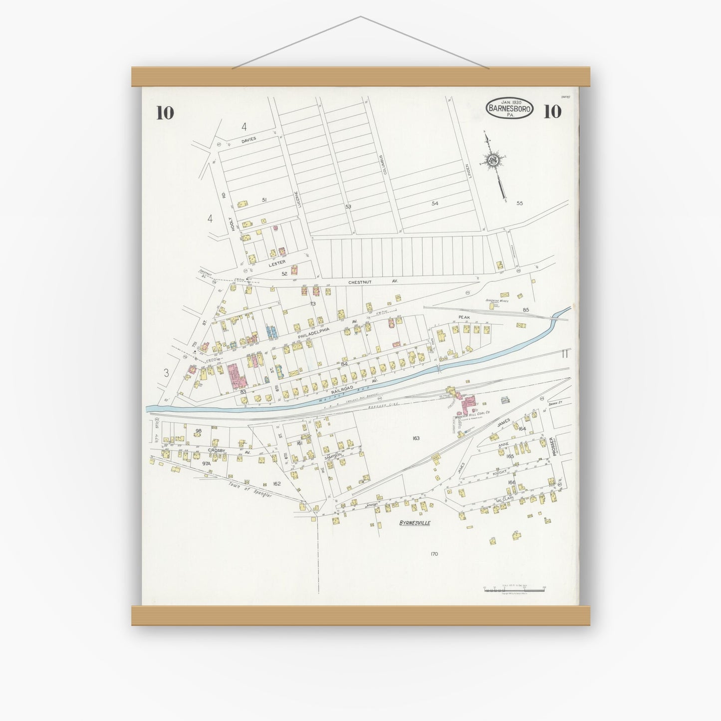Old map wall art mockup — magnetic wood frame on white wall — Sanborn Fire Insurance Map from Barnesboro, Cambria County, Pennsylvania (1930), Sheet #0010