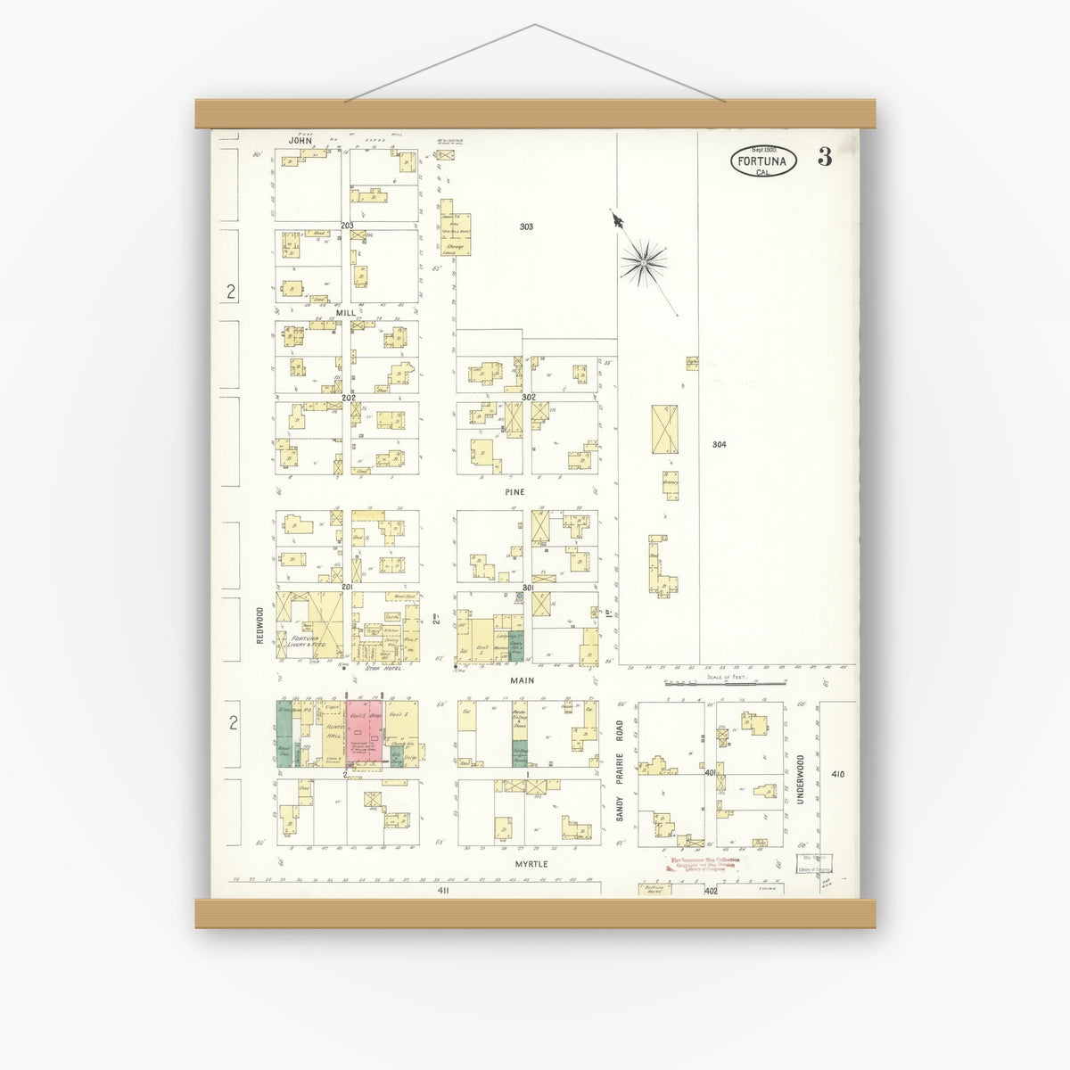 Old map wall art mockup — magnetic wood frame on white wall — Sanborn Fire Insurance Map from Fortuna, Humboldt County, California (1900), Sheet #0003