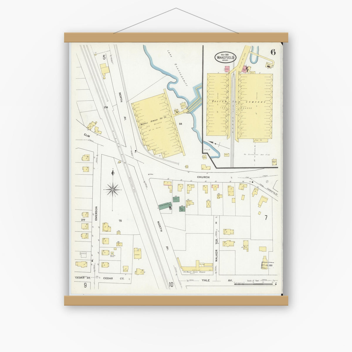 Old map wall art mockup — magnetic wood frame on white wall — Sanborn Fire Insurance Map from Wakefield, Middlesex County, Massachusetts (1909), Sheet #0006