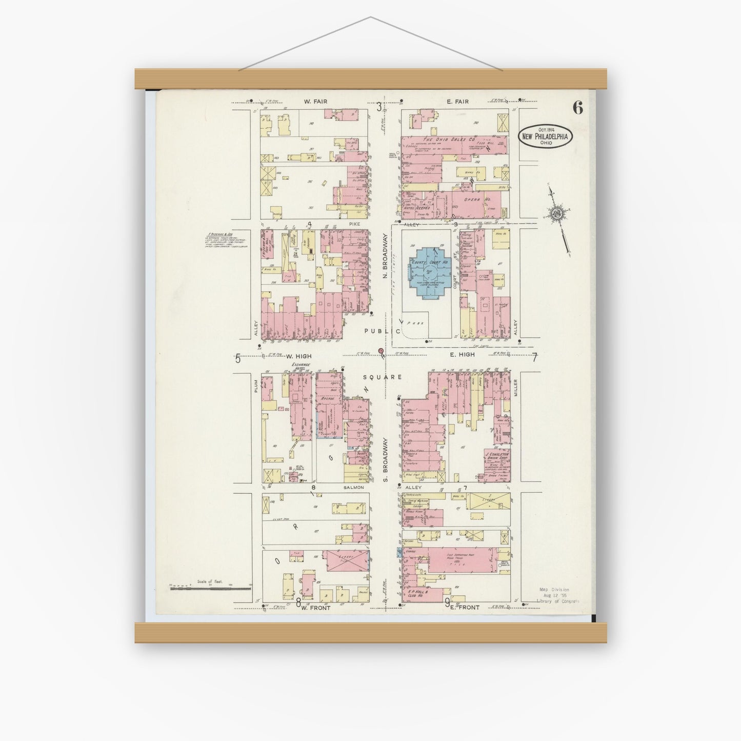 Old map wall art mockup — magnetic wood frame on white wall — Sanborn Fire Insurance Map from New Philadelphia, Tuscarawas County, Ohio (1914), Sheet #0006