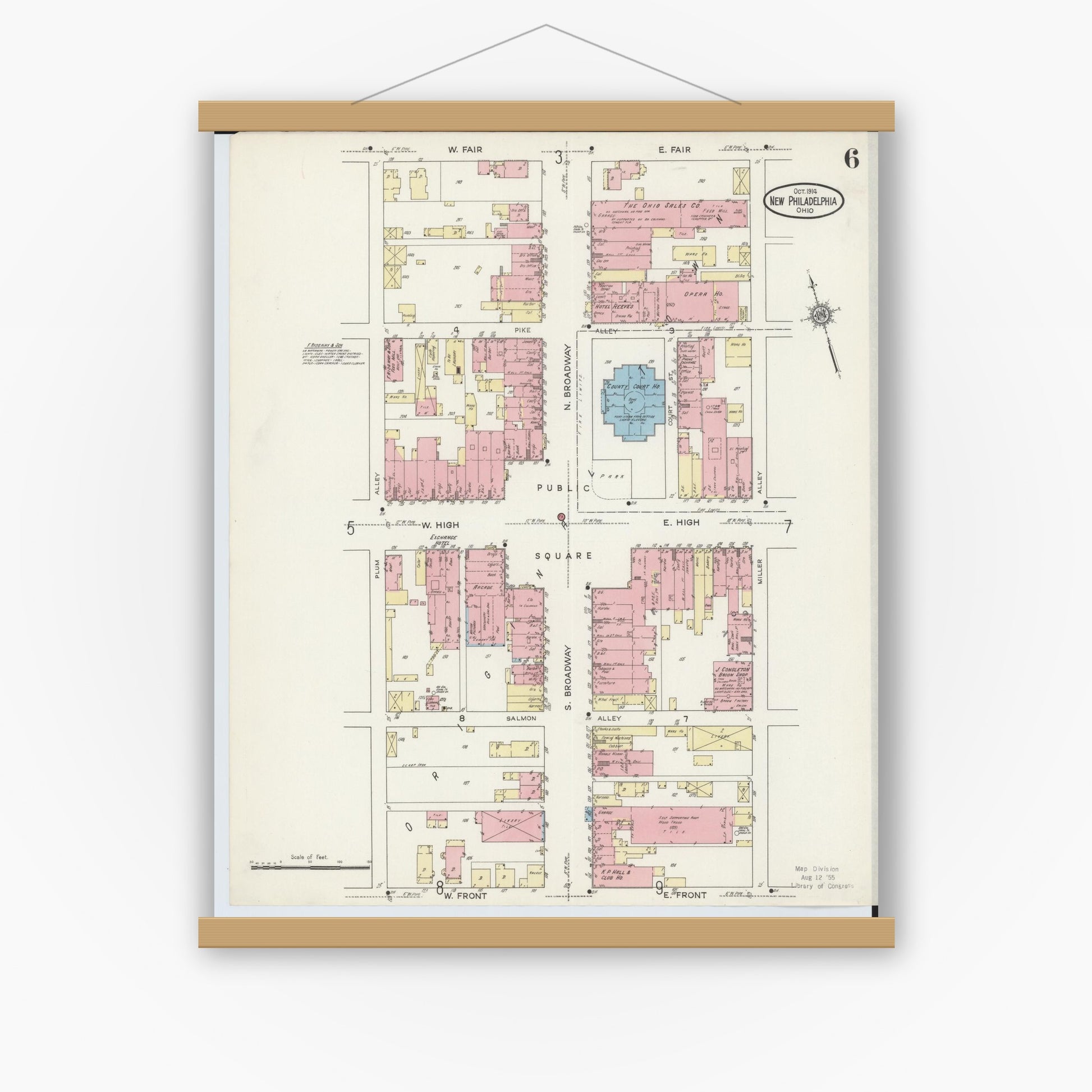 Old map wall art mockup — magnetic wood frame on white wall — Sanborn Fire Insurance Map from New Philadelphia, Tuscarawas County, Ohio (1914), Sheet #0006
