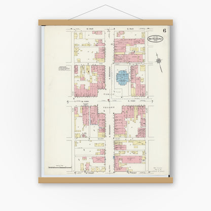 Old map wall art mockup — magnetic wood frame on white wall — Sanborn Fire Insurance Map from New Philadelphia, Tuscarawas County, Ohio (1914), Sheet #0006