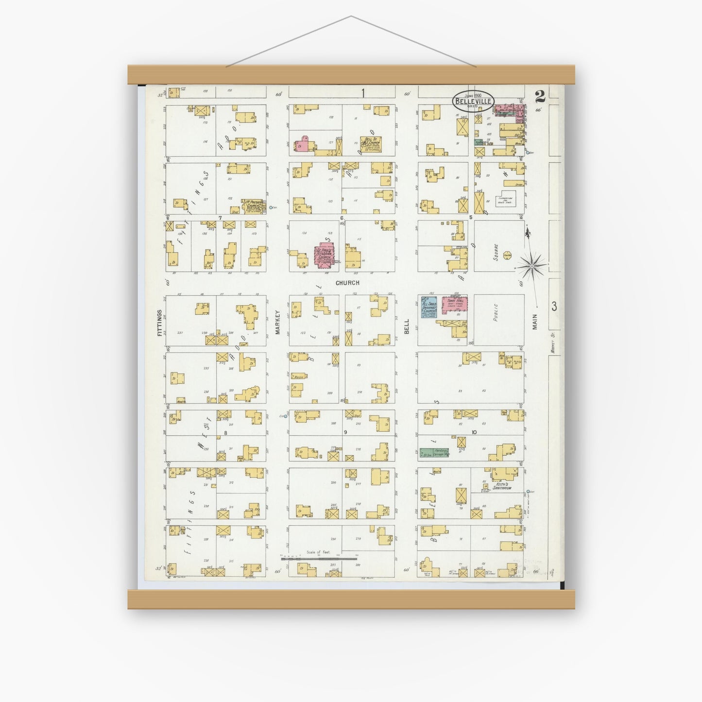 Old map wall art mockup — magnetic wood frame on white wall — Sanborn Fire Insurance Map from Bellville, Richland County, Ohio (1900), Sheet #0002