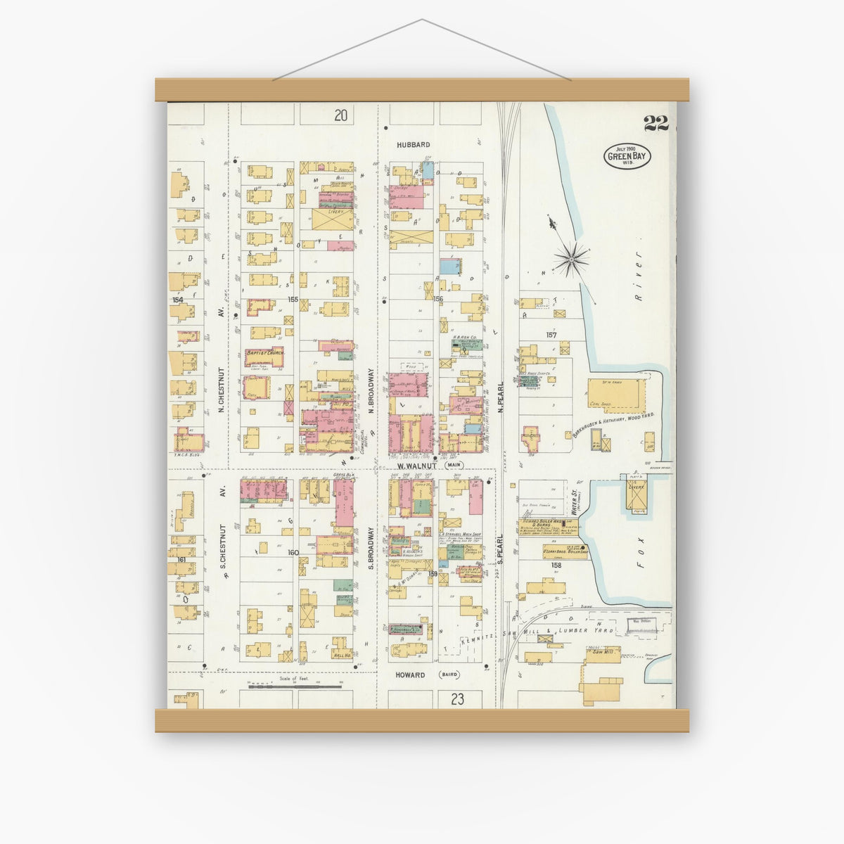 Old map wall art mockup — magnetic wood frame on white wall — Sanborn Fire Insurance Map from Green Bay, Brown County, Wisconsin (1900), Sheet #0022