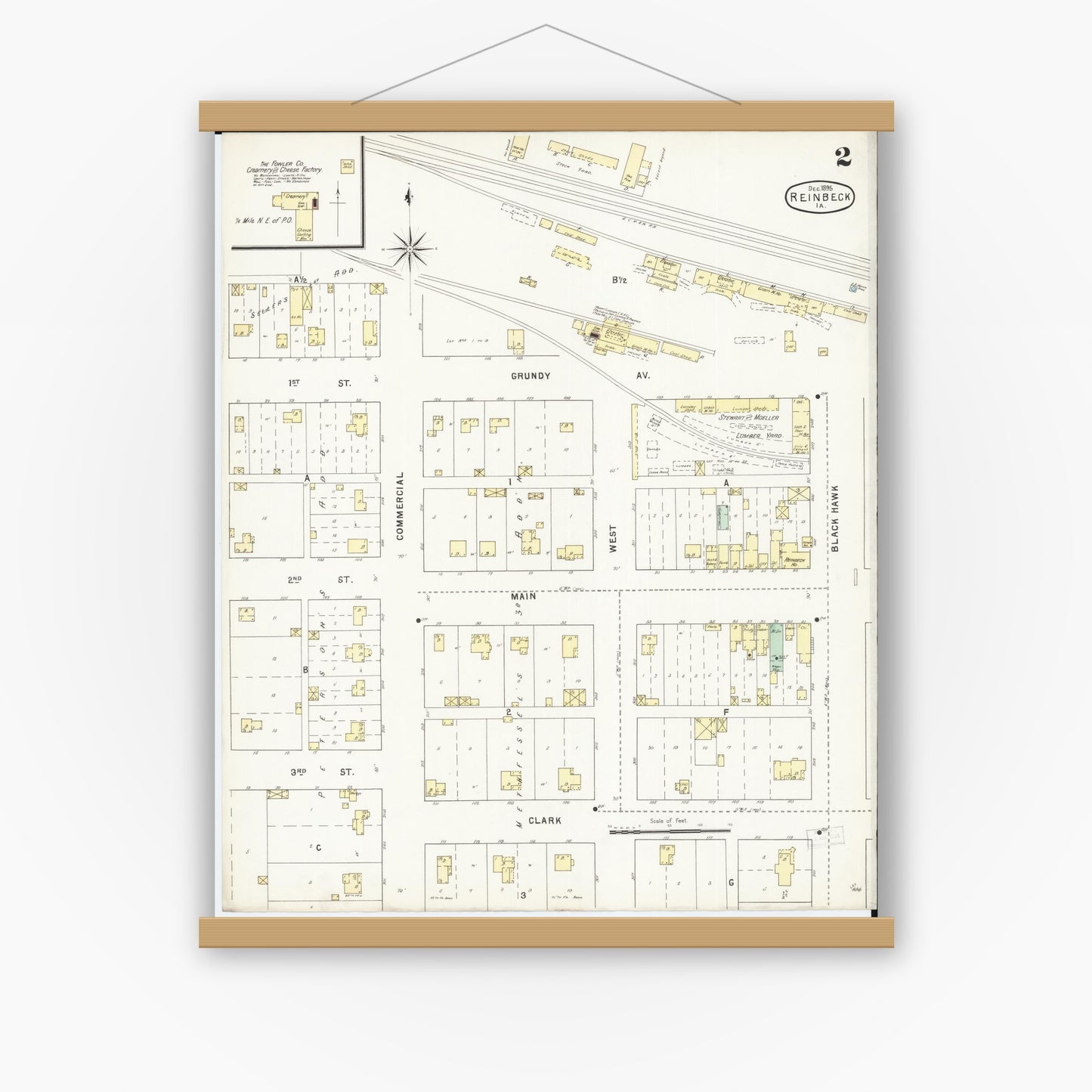 Old map wall art mockup — magnetic wood frame on white wall — Sanborn Fire Insurance Map from Reinbeck, Grundy County, Iowa (1895), Sheet #0002