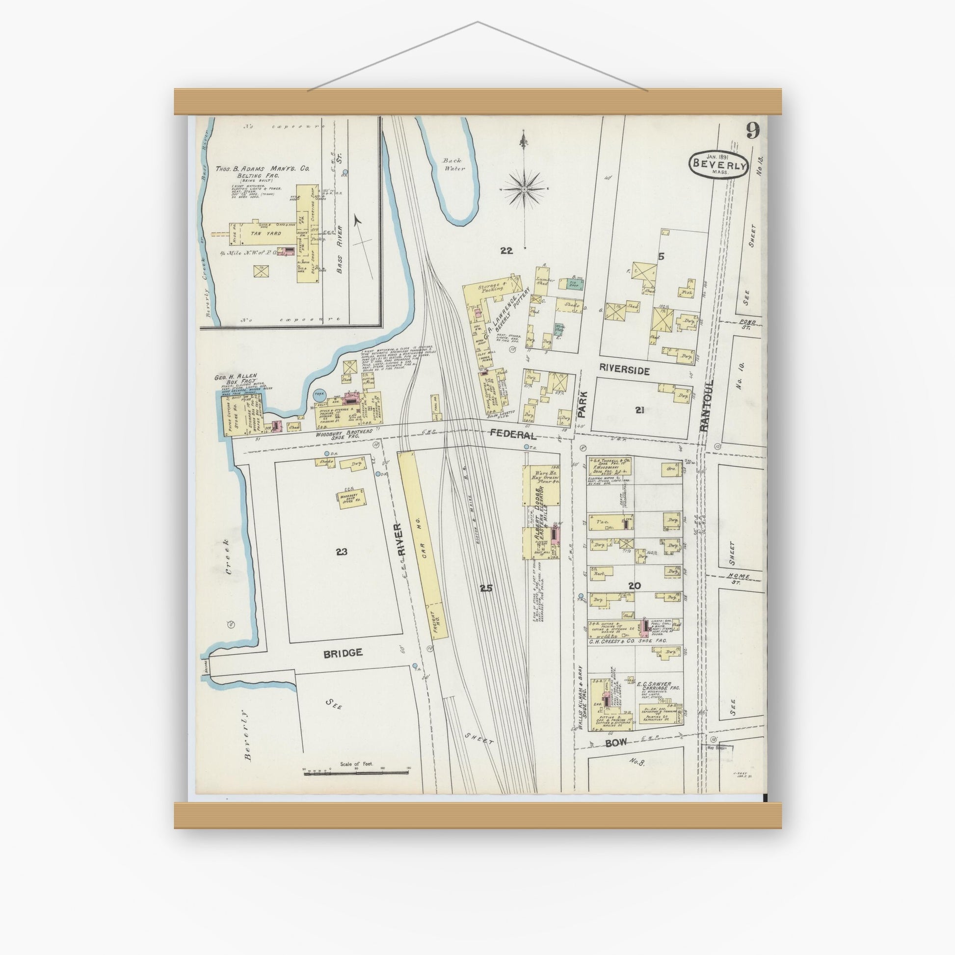 Old map wall art mockup — magnetic wood frame on white wall — Sanborn Fire Insurance Map from Beverly, Essex County, Massachusetts (1891), Sheet #0009